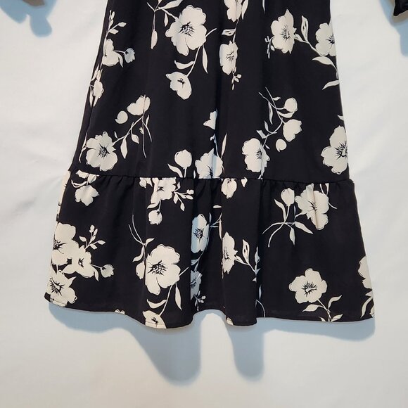 Monteau Black White Floral Print Day Dress w/Elastic Gathered Waist- Small - Picture 5 of 12